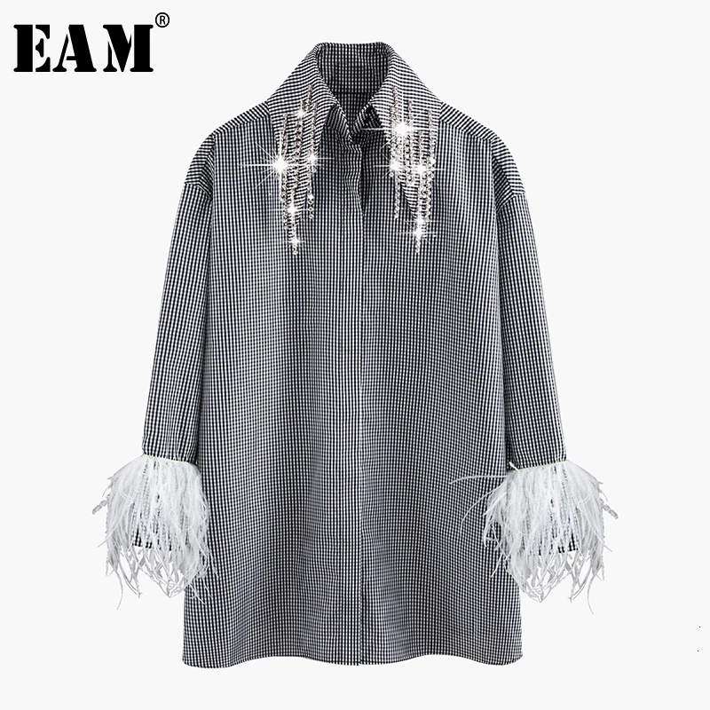 [EAM] Женская Черная Клетчатая блуза большого размера с кисточками, новая свободная рубашка с отворотом и длинным рукавом, модная весенняя Осенняя 1N0580