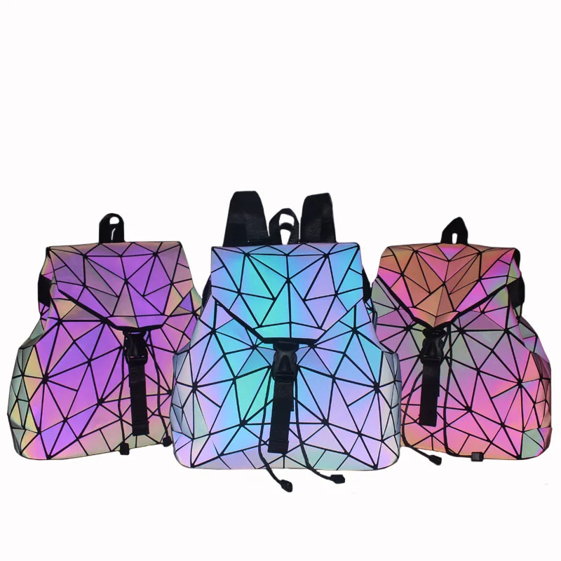 

2022 Laser Red/Blue/Purple Drawstring Sports Backpack Color Changing Luminous Irregular Geometric Foldable Holographic Backpacks