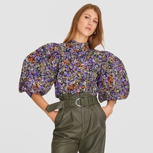 AGong, осенне-зимние короткие блузки с круглым вырезом, женские модные рубашки с цветочным принтом, женские элегантные топы с пышными рукавами для женщин