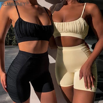 

Sexy Ruched Two Piece Set Women Camisole And high Waist Shorts Summer Set Outfits 2020 Skinny Casual Black Sports Set Tracksuit