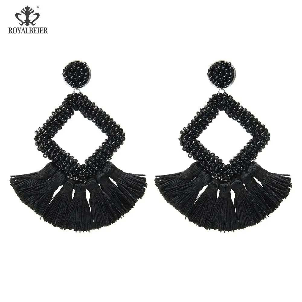 Black earrings 0696c ROYALBEIER, богемные черные висячие серьги с кисточками для женщин, черные висячие серьги с бусинами, массивные вечерние серьги, подарок - Окраска металла: Black earrings 0696c