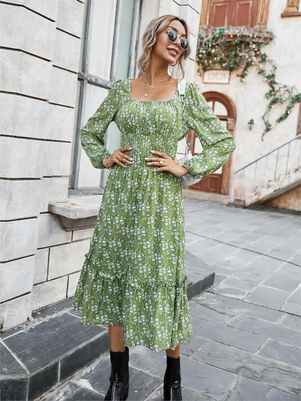 Chifirena Elegant Party Mid-Length Vintage Autumn Dress Women Square Collar Floral Print Ruffles Casual Dresses Minie Vestidos