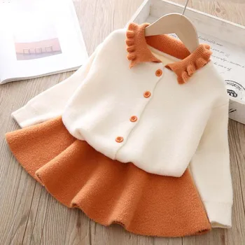 

Girls Sweater NEW Autumn Girls Set Lapel Children Outfits Shirt+Skirt 2PCS Suit Kids Girls Knitted Clothes