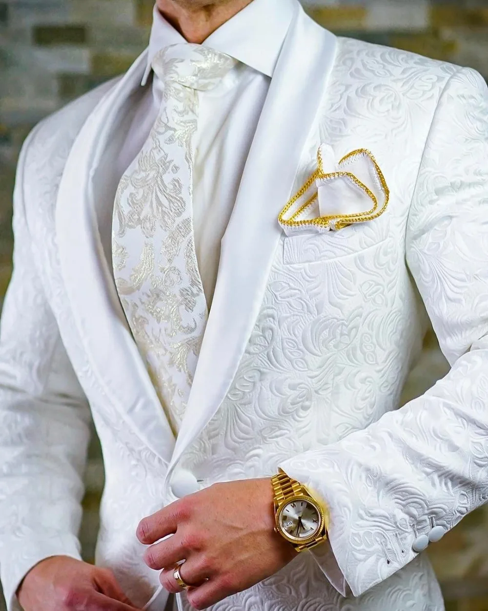 2024 Tailored Made White Jacquard Suit For Men Groom Tuxedo Terno Slim Fit 2 Piece Best Man Blazer Prom Wedding Suits With Pants