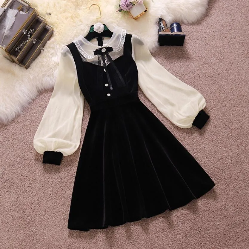 

Vintage Velvet Black Dress Women lapel Long Sleeve Party Robe High Waist Slim Dresses Female Korean Elegant Vestidos p844