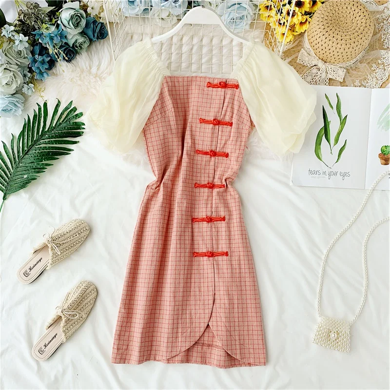 

Woman 2019 New Retro Square Collar Short Lantern Sleeve Plaid A-line Casual Dress Lady High Waist Elegant Vestidos J362