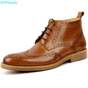 

QYFCIOUFU New Arrival Men Ankle Boots Shoes High Quality Fashion Men Chelsea Boots Retro Brogue Genuine Leather Dress Boots