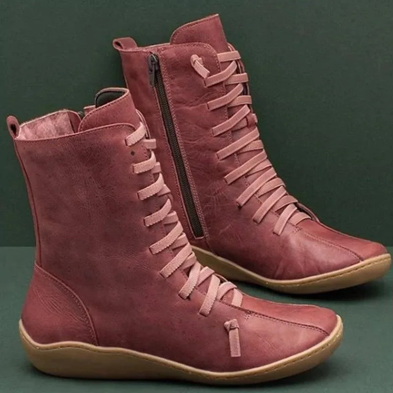 

Separate Station New Style Women's round-Toe Korean-style WOMEN'S Leather Boots Side Zipper Martin Boots Thick Warm Low Heel WOM