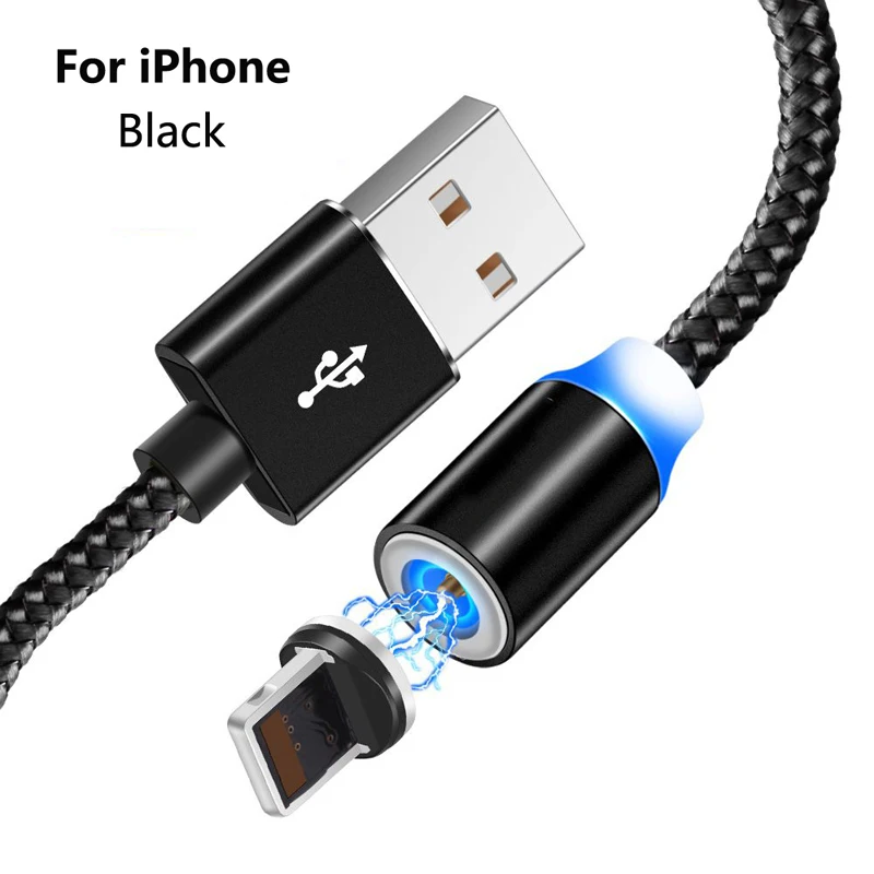 Магнитный USB кабель для iPhone Xiaomi Mi9 8 Note 6 7 8 USB C type C Micro USB кабель Магнитный зарядный кабель кабели для мобильных телефонов - Цвет: For iPhone Black