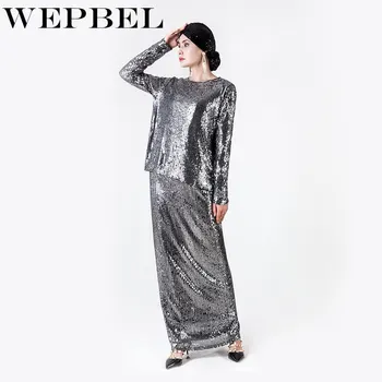 

WEPBEL Sequin Dubai Arabic Pakistan Turkish Islamic Muslim Tops Skirt Embroidered Sequins O-Neck 2 Pieces Clothing Women Set