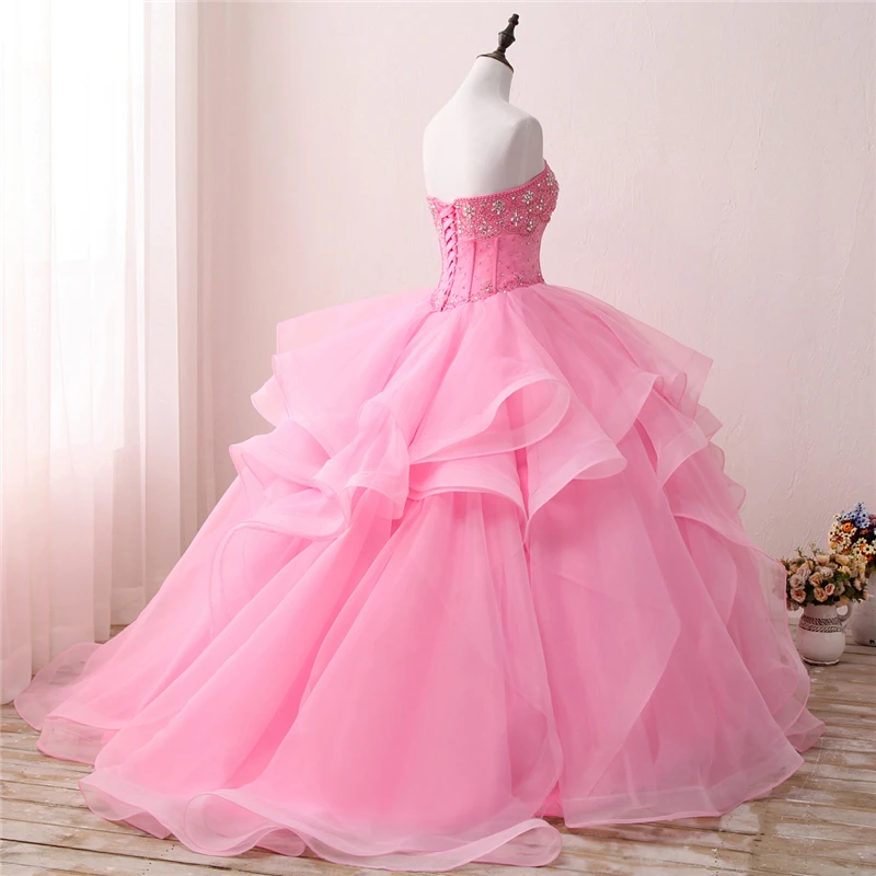 Новые розовые платья Quinceanera бальное платье украшенное бусами милые 16 Платья вечерние платья Vestido De 15 Anos BM32
