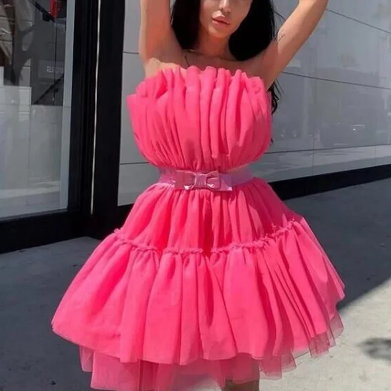 Women Pink Party Dress Mini Sexy Pleated Patchwork Off Shoulder Backless Lady Clubwear Dinner Evening Tunic Femme Robes Vestidos