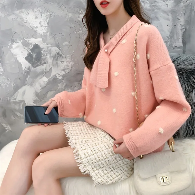 H.SA Women Winter Sweaters Long SLeeve Crew Neck Pink Pullover and Sweater Polka Dots Bow Sweaters Kawaii Knitwear Tops