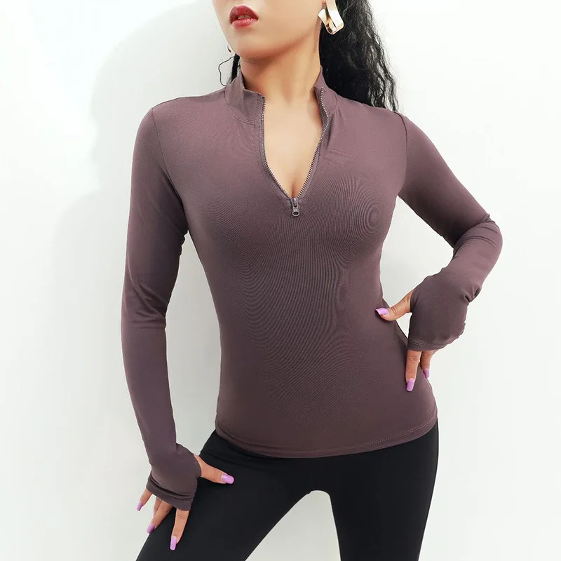 Sexy Women Yoga Top Sport Zipper Long Sleeve Yoga Shirt with Thumb Holes Solid Quick Dry Breathable Gym Fitness Shirt