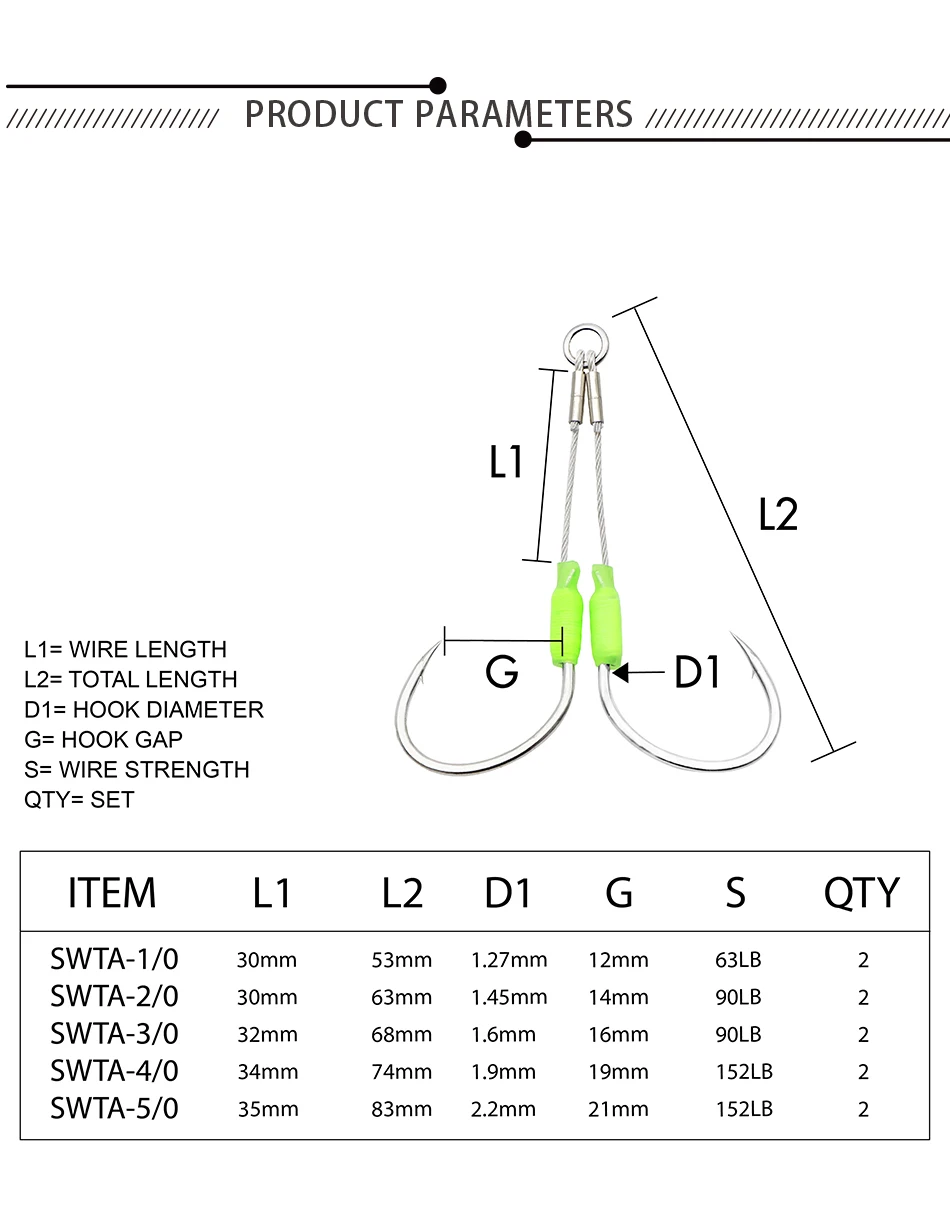 JK 5packs Sea Fishing Hook Steel Wire 7x7 Slow Jigging Size 1/0 2/0 3/0 4/0 5/0 Luminous Double Assist Hook Slow Pitch Tackle