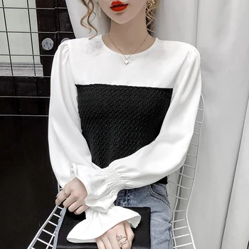 

COIGARSAM Full Sleeve blouse women New Spring Patchwork O-Neck blusas womens tops and blouses White 517