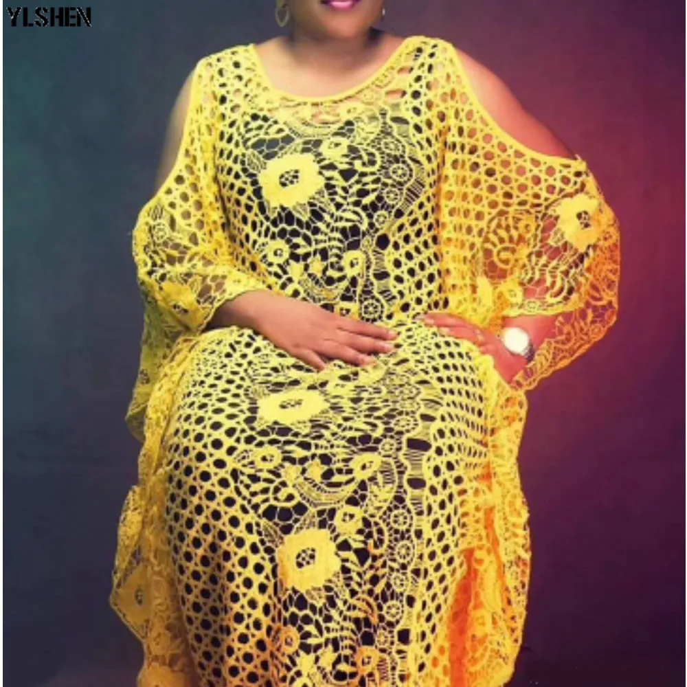 Plus Size Long African dresses for women Dashiki fashion Water-soluble lace loose skirt with beaded embroidery boubou africain 05