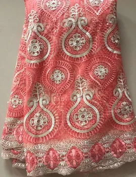 

High Quality African Lace Fabric French Net Embroidery Tulle Lace stones Fabric For Nigerian Wedding Party Dress ELL3240 peach
