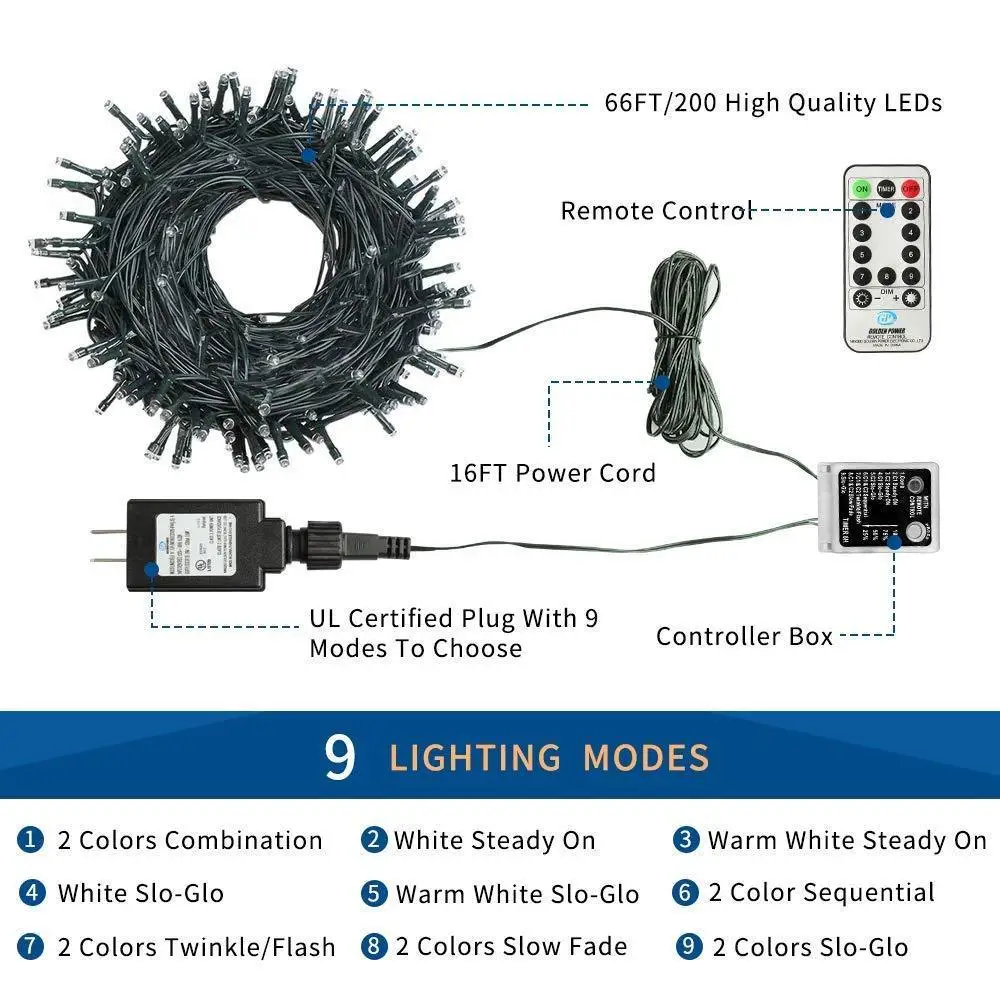 82FT 200LED 3 Colors in ONE String Lights with Remote and Timer 9 modes Outdoor Christmas Trees Xmas Party Wedding Decoration
