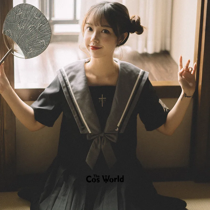 Black Summer Navy Sailor Suit Tops Skirts JK High School Uniform Class Uniform Students Cloth japanese school uniform