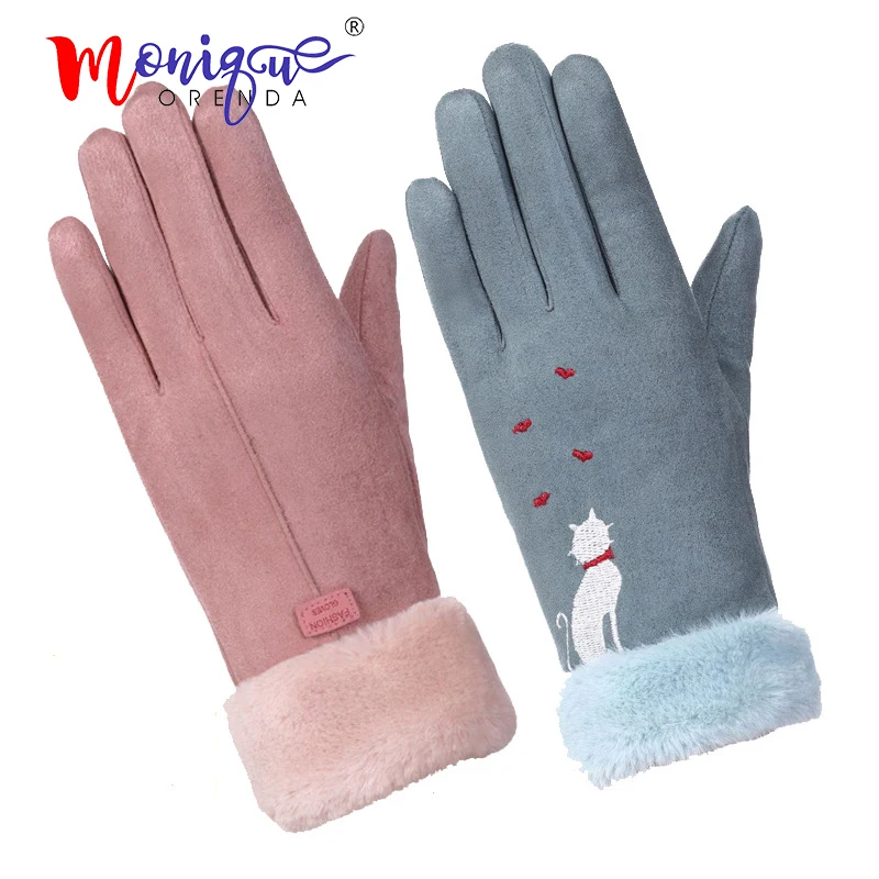 

Classic womens fashion winter outdoor sport warm gloves mittens cat heart solid pink guantes female cute luvas de inverno