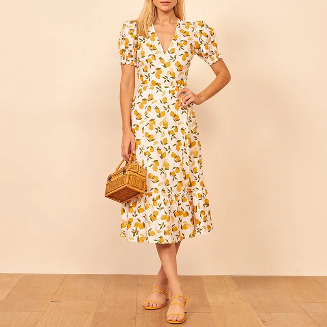 Yellow Lemon Dress Women V Neck Puff Short Sleeve Frill Trim Elegant Wrap Dress Lemon Print Chiffon Midi Dress