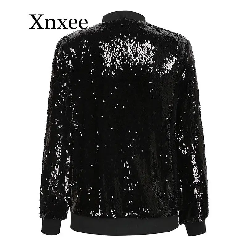 Baseball uniform Women Sequins Coat Bomber Jacket Long Sleeve Zipper Streetwear Casual Loose Glitter Outerwear  Autumn Coat