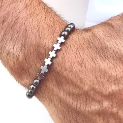 Elegant Black Hematite Beaded Bracelet with Cross Charm - Handmade Natural Stone Diffuser Jewelry (Hematite)