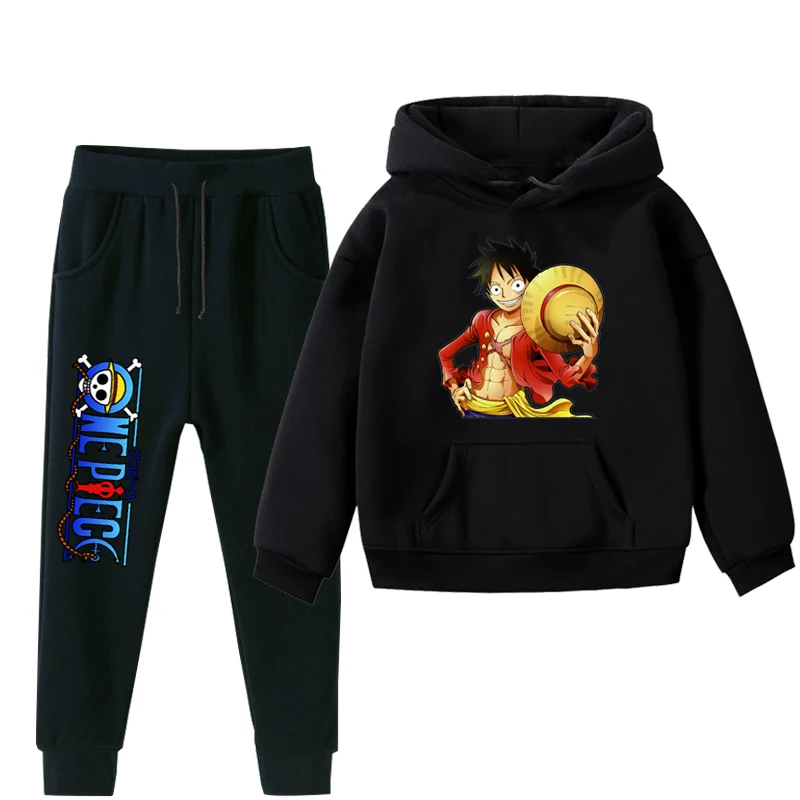 Boys Girls 2Pcs Clothes ONE PIECE Luffy Kids Hoodies And Pant Children Plus Velvet Clothes Set Winter Black Sportsuit For 2-14Y - Цвет: 013