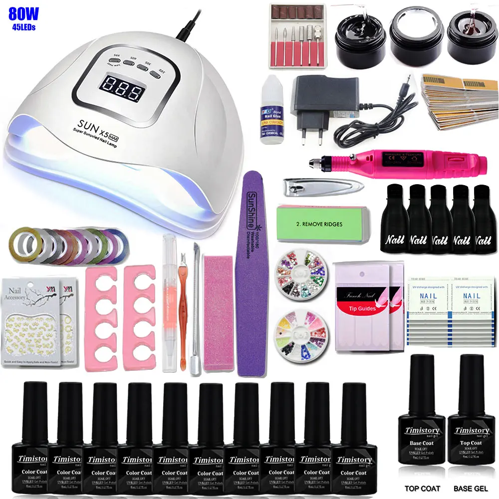 Лак для ногтей, комплект одежды для девочек ростом 80/54 Вт светодиодный машинка для маникюра и педикюра, комплект из 10 шт. Гель-лак с основанием и верхняя часть гель для ногтей инструменты для ногтей комплект