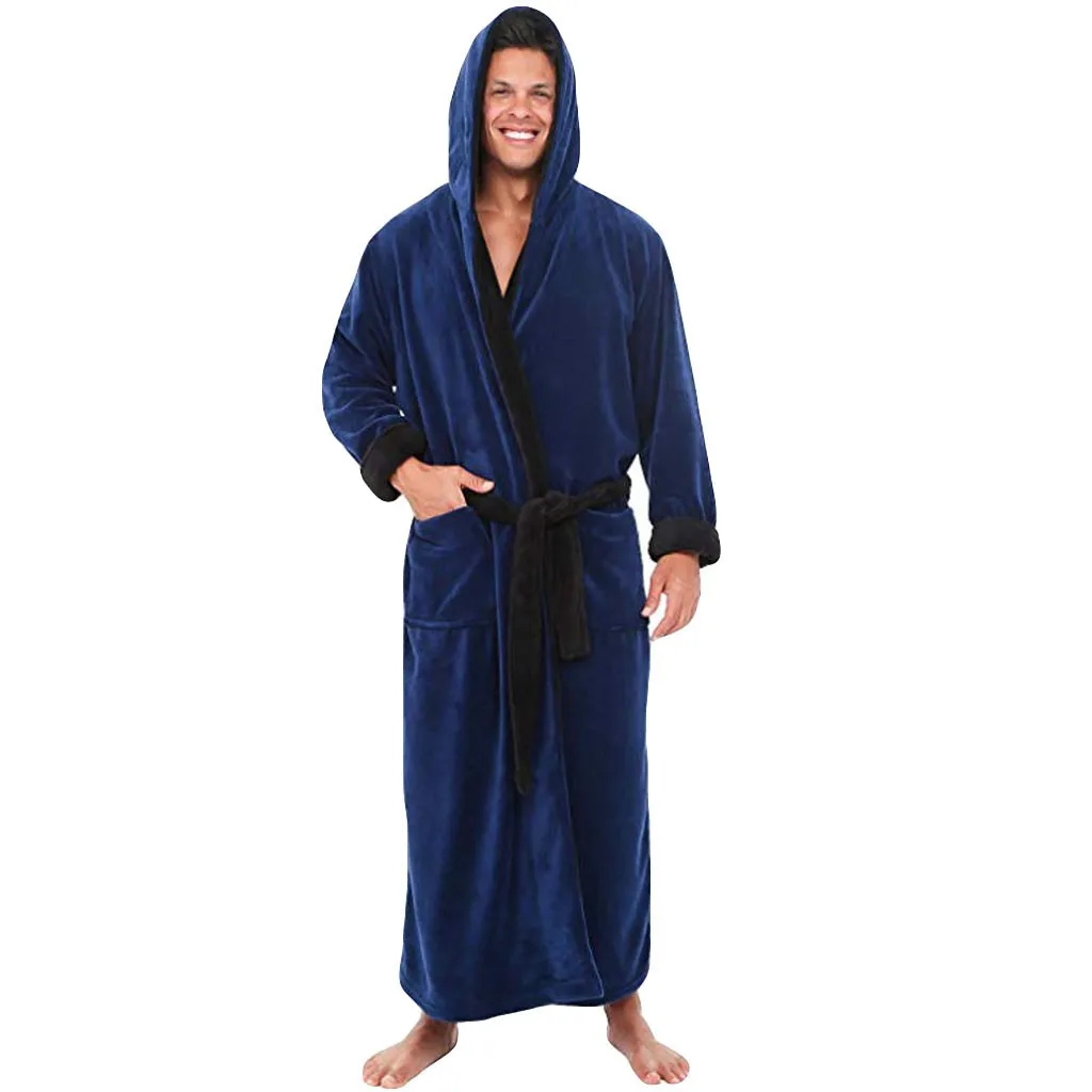 Мужской зимний длинный халат размера плюс с капюшоном и карманами, теплый плотный плюшевый халат, мягкая Домашняя одежда с поясом, одежда для сна - Цвет: Blue
