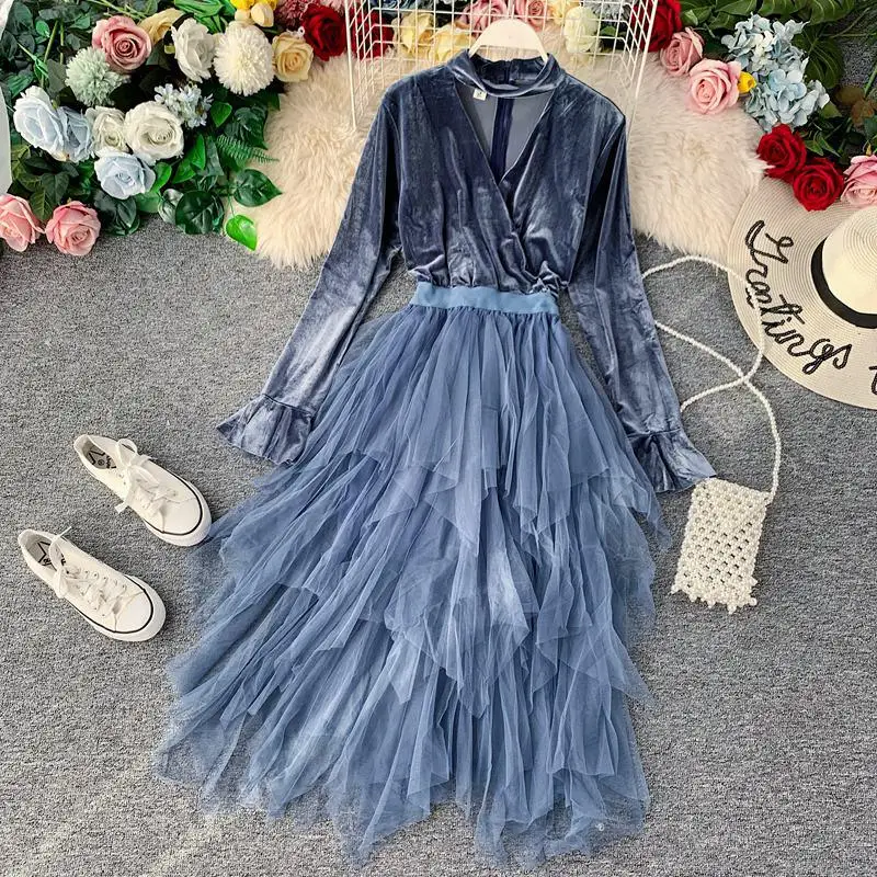 Young Gee осенне-зимнее платье для женщин винтажное бархатное элегантное сексуальное облегающее вечернее платье для вечеринок с неровной сеткой - Цвет: Синий