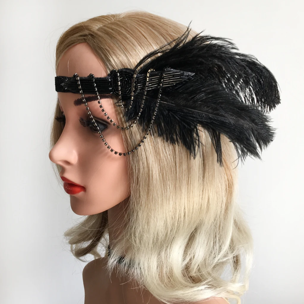 Handmade Feather Headband Flapper Feather Headpiece 1920s Beaded Headband for Women and Girls, Fashionable Hair Accessories
