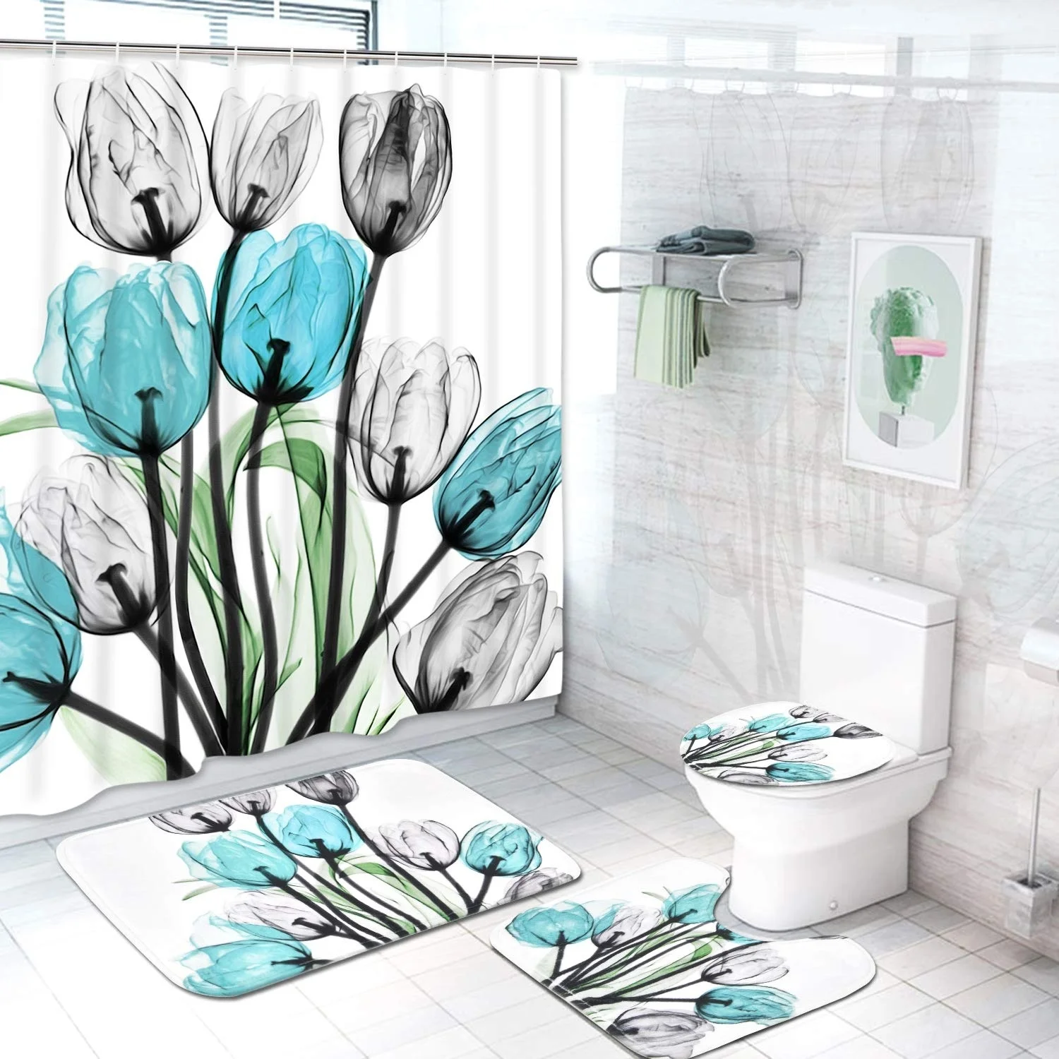 Flower Tulips Lavender Shower Curtains Bathroom Rug Set Lid Toilet Cover 