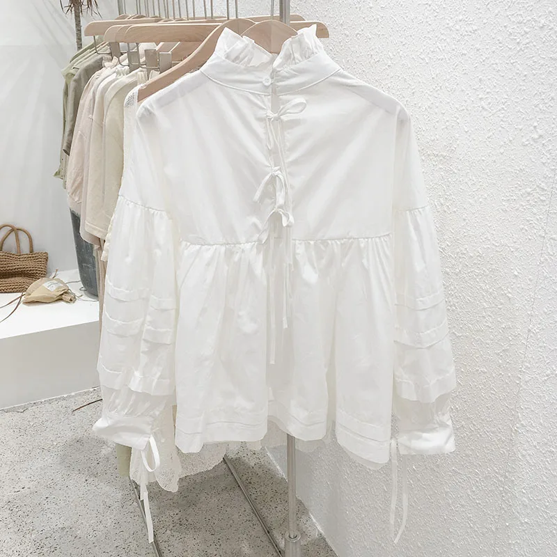 

Mooirue Autumn Vintage Bow Blouse Women Turtleneck Bandage Harajuku Niche Design Cardigan Korean Style Streetwear White Blouse