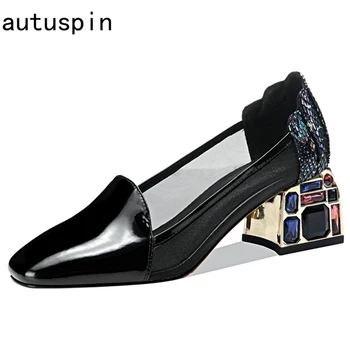 

Women Chunky Pumps Rhinsetone Crystal Glitters Spring Summer Genuine Leather Prom Dress Shoes Square Toe Shoes Female Breathable