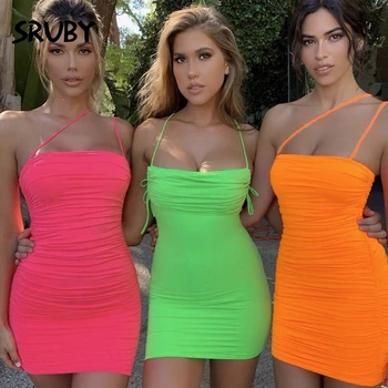 

SRUBY Sexy Neon Summer Dress Women Elegant Spaghetti Strap Pink Fluorescent Bandage Dressed Bodycon Pleated Mini Party Dresses
