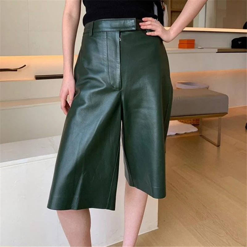 Pu Leather Wide Leg Pants Elastic Waist Vintage Fashion Loose Autumn Winter Knee Length | Женская одежда