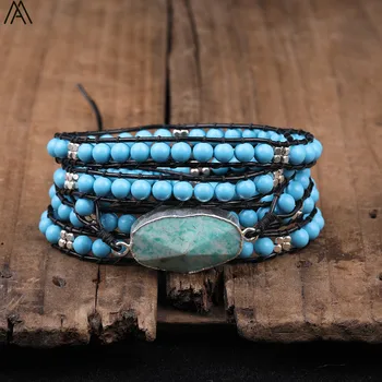 

Natural Amazon Stone Charms Beads 6mm Blue Turquoises Beads Wrap 5 Strands Bracelet Women Bohemia Leather Bracelet N0455AMDF