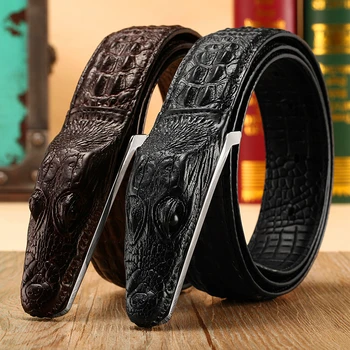

Fashion Men's Belt Crocodile Pattern Genuine Leather Belt Business Casual Simulation Crocodile Belt Alligator Head Gift for Men