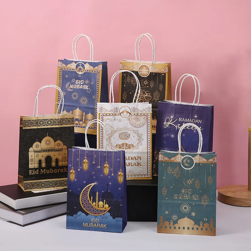 6pcs Eid Mubarak Gift Bags Ramadan Kareem Kraft Paper Packaging Bag