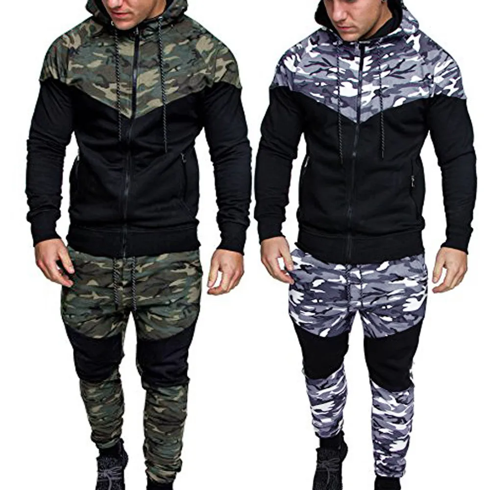 Men's Sportswear Autumn Patchwork Zipper Sweatshirt Top Pants Sets Sports Suit Tracksuit men track suit survetement homme