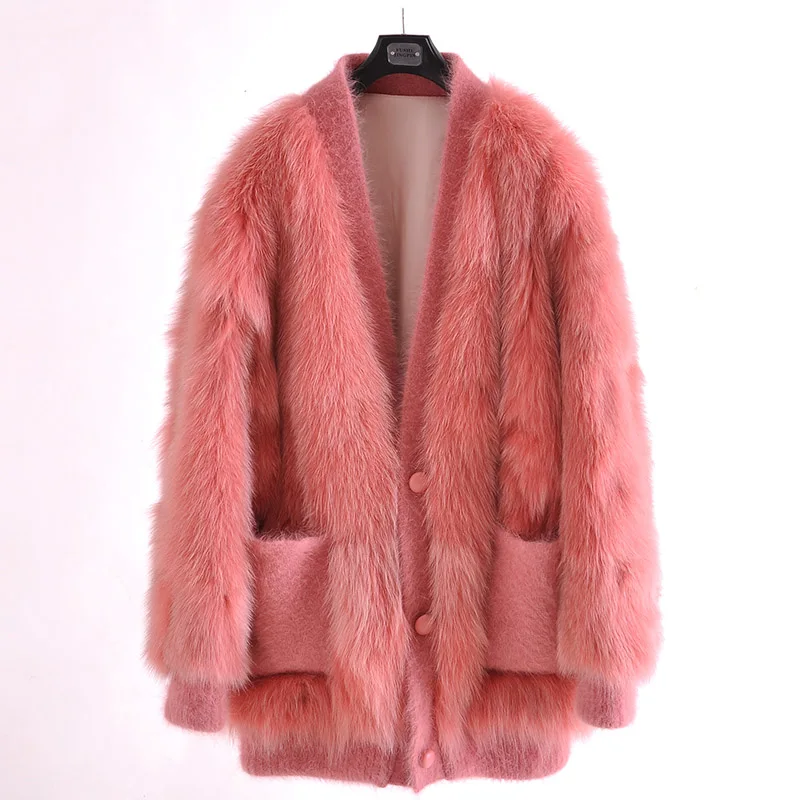 Новое поступление, Женское зимнее пальто с натуральным лисьим мехом, классический дизайн, длинный рукав, плотное теплое - Цвет: Кораллово-Красный