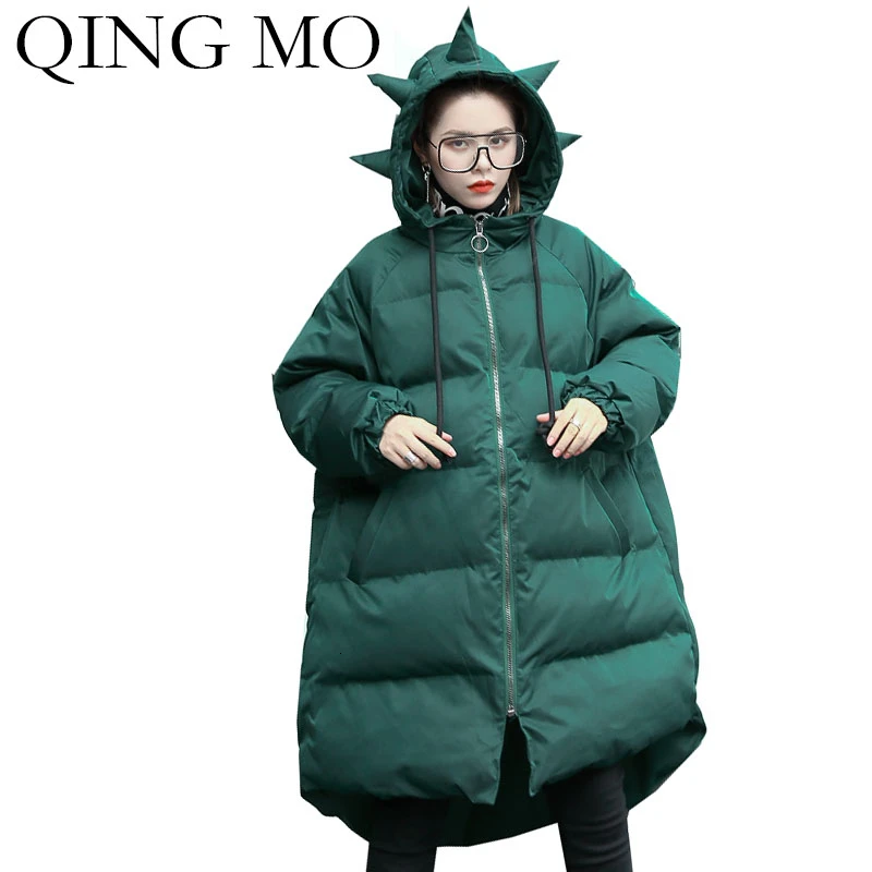 QING MO, черные, серые, зеленые женские парки с капюшоном,, Женское зимнее пальто с неровным ворсом, Женское пальто с завязками, большие размеры, ZQY2019