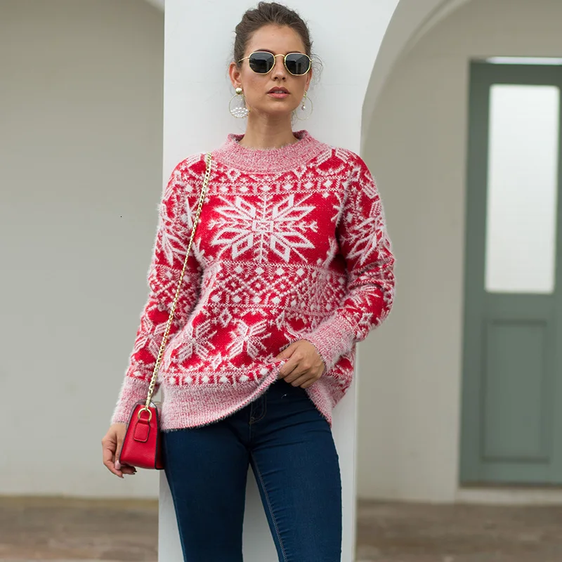

Christmas Sweater Knitted Sweater Women Long Sleeve Sweaters Women Winter 2019 Autumn Red Sweaters Women Christmas Sweaters