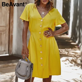 

BeAvant New Solid Casual Short Dress Women Short Sleeve Summer v-neck Sexy dress Buttons Female Elastic Waist Elegant Dresses