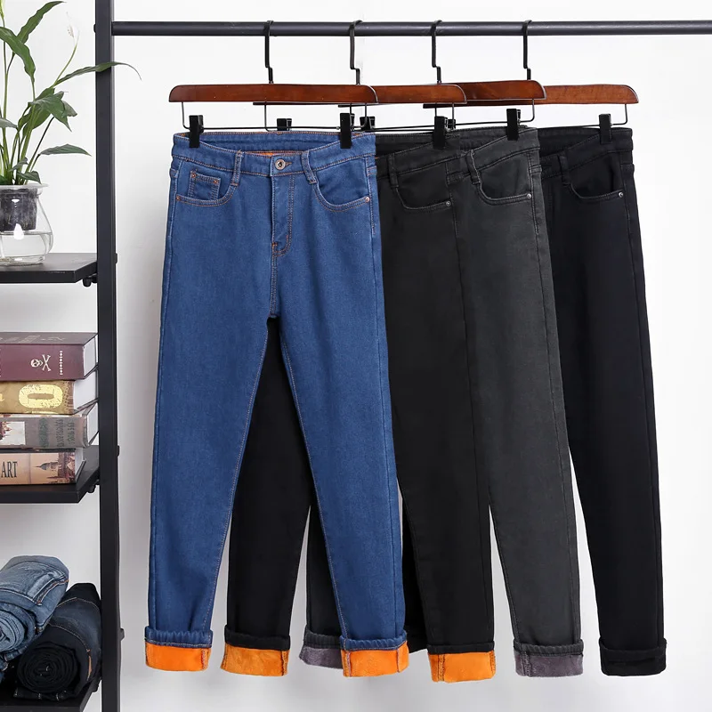 

Winter Fleece Velvet Pencil Jeans For Women Casual Pants High Elastic Waist Gold Fleeces Inside Warm Pants