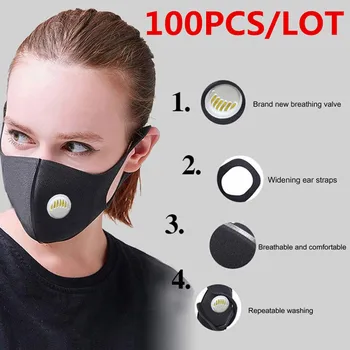 

100/10 Pcs Breathing Valve Washable Reusable Anti Dust Mask Windproof Mouth-muffle Bacteria Proof Flu Mouth Face Black Masks