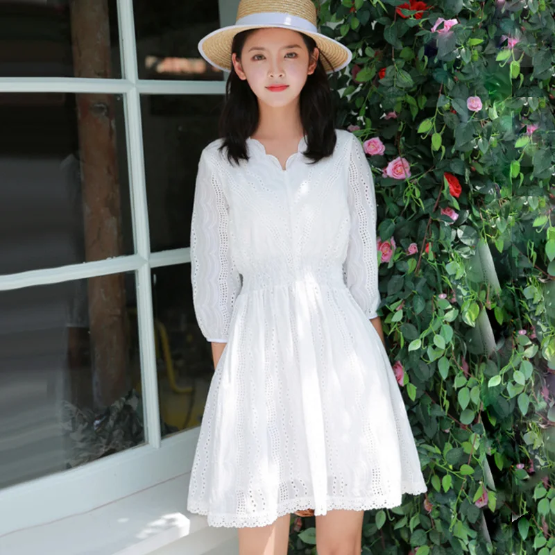 

Hollow Out White V Neck Cotton Lace Summer Mini Dress Women Casual Slim Beach Sexy Dress Elegant Vacation Vintage Party Dress