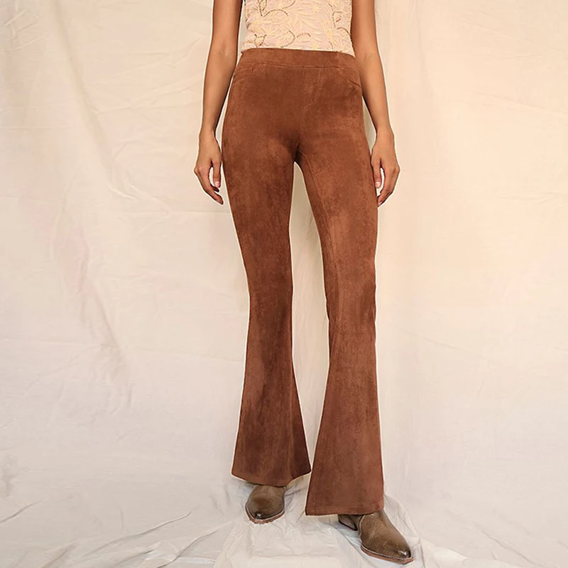 

Suede Leather Flare Pants Women High Waist Elastic Slim Vintage Leggings Ladies Trousers Solid Skinny Fitted Casual Pants Custom